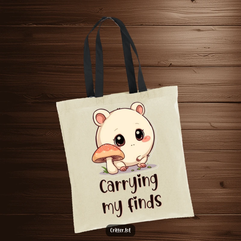 Funny tote bag showcasing a round critter with big eyes curiously sniffing a mushroom, perfect for carrying items with personality.