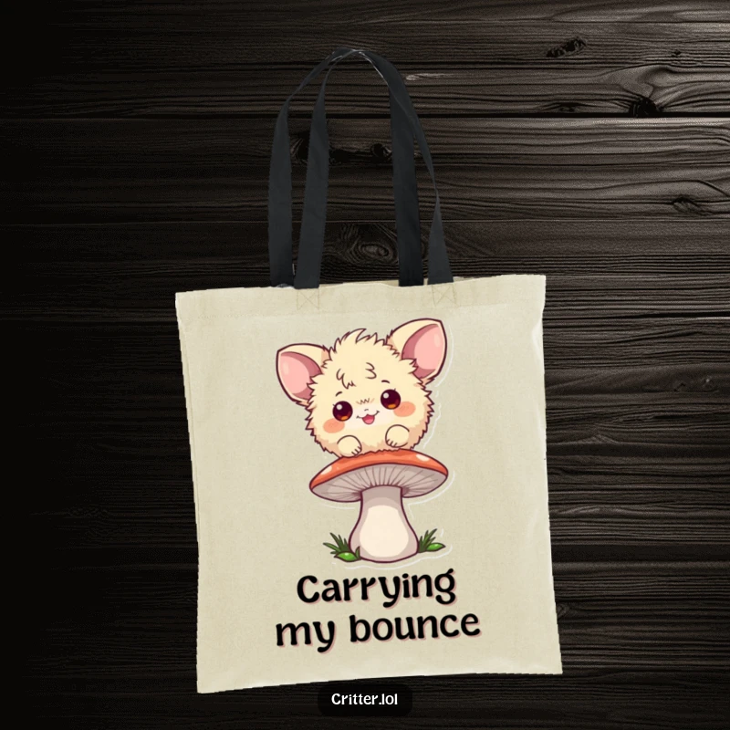 Funny tote bag featuring a playful fuzzball with big ears bouncing on a mushroom, great for carrying essentials.