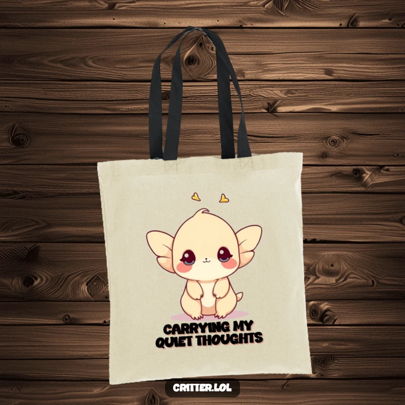 Funny tote bag with a shy creature with small wings gently fluttering upwards, perfect for everyday use.