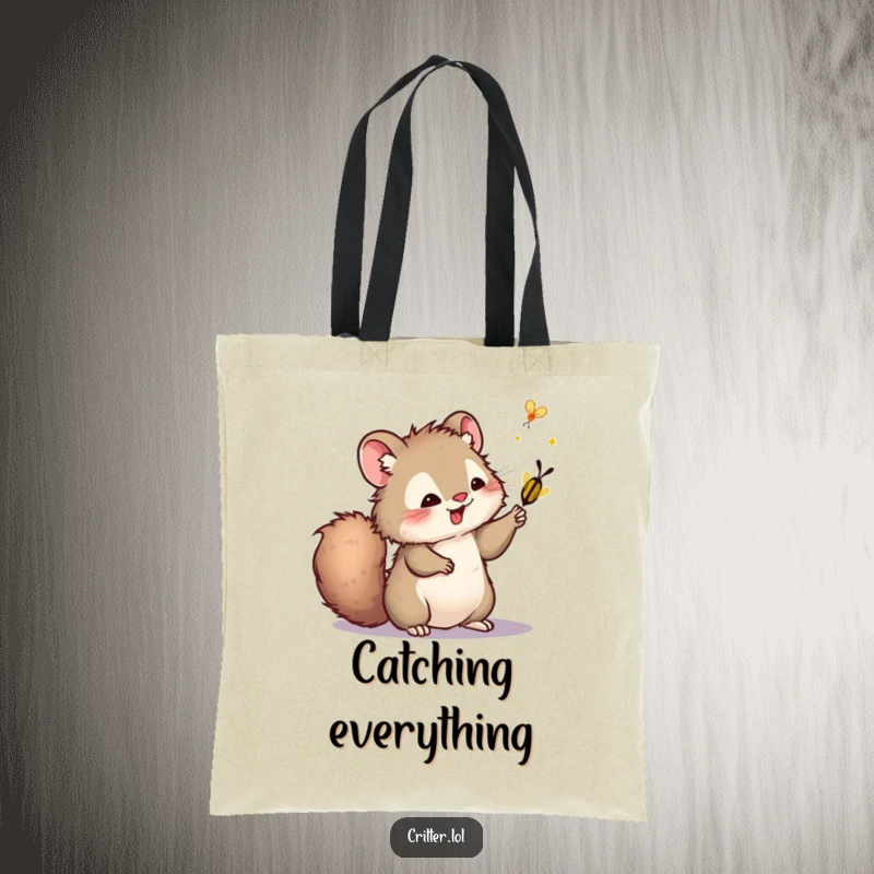 Funny tote bag showcasing a furry critter with a bushy tail playfully swatting a firefly, perfect for carrying treasures.