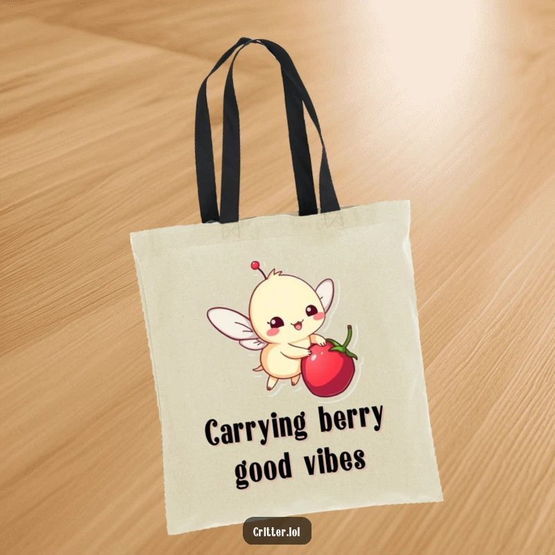 Funny tote bag featuring a whimsical winged critter flitting around a berry, perfect for carrying essentials with a smile.