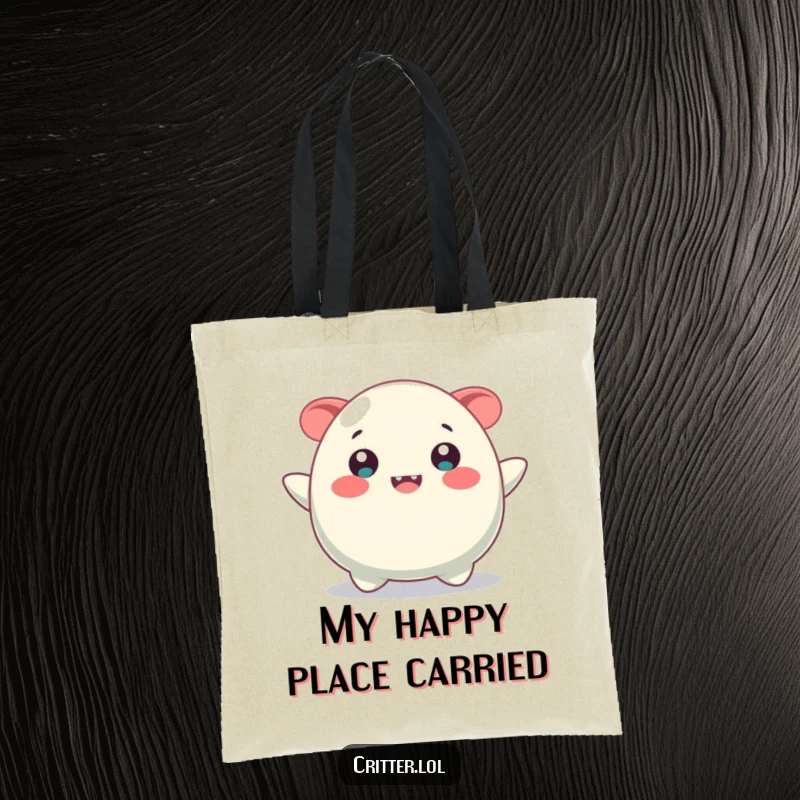 Funny tote bag featuring a bouncing blob creature with a wide, contagious smile, perfect for cheerful carrying.