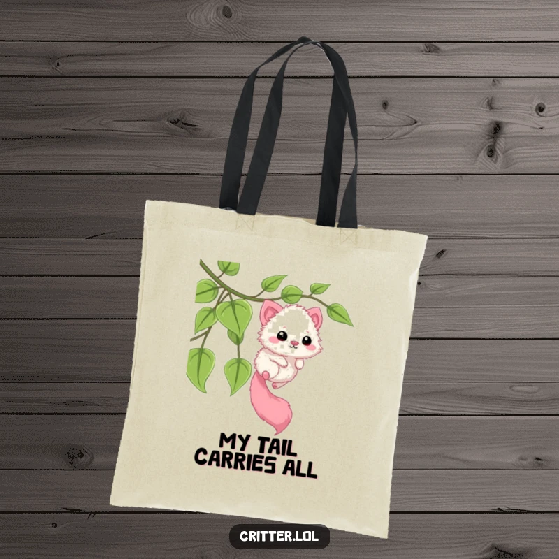 Funny tote bag depicting a fuzzy critter with a long tail sliding down a leafy vine. A durable and humorous accessory for explorers.