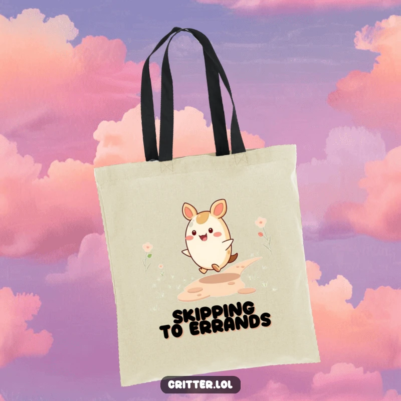 Funny Critter Tote Bag: A happy, round critter skips along a path, making this a fun and functional accessory for carrying essentials.